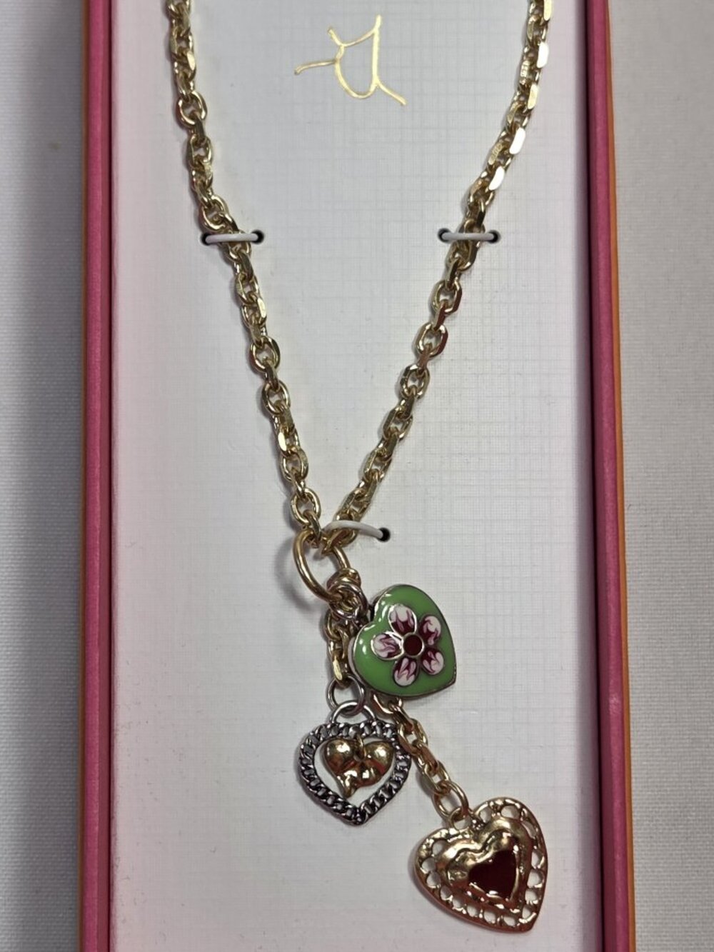 Piper K Hand Painted Multi Heart Charm Necklace Gold Link Chain New Box Coquette